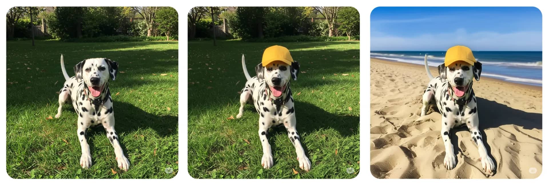 Thee images of a dog with different settings, highlighting Google Gemini's ability toadd or replace objects on photos.