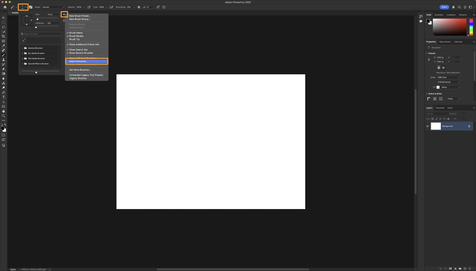 Adobe Photoshop import brushes menu.