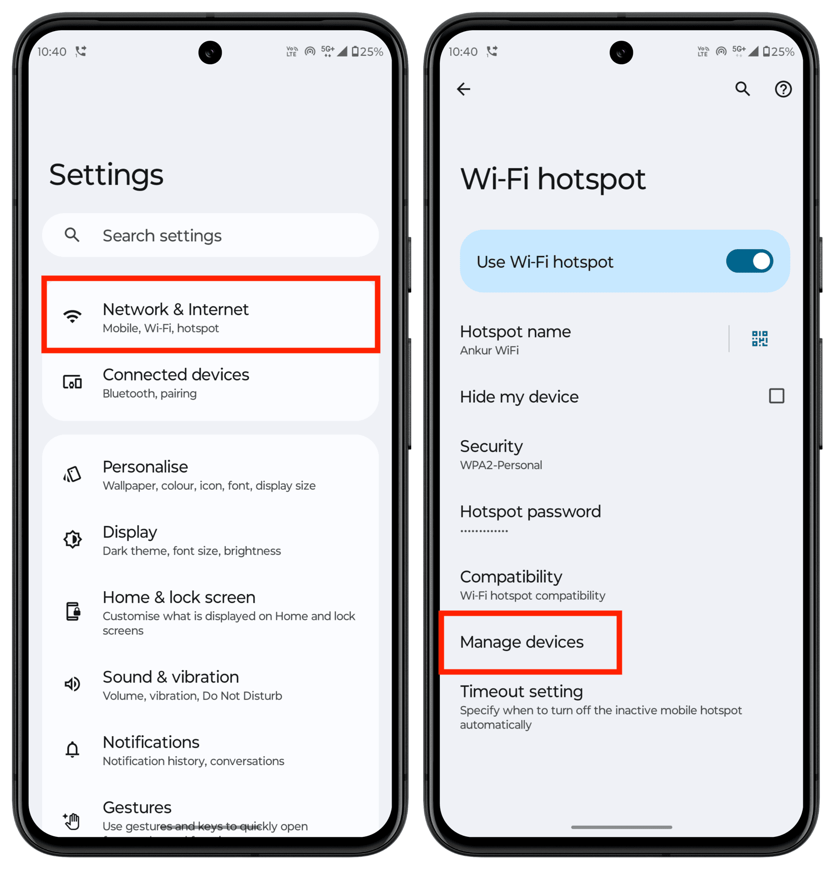 Manage devices options in Android phone Wi-Fi hotspot settings