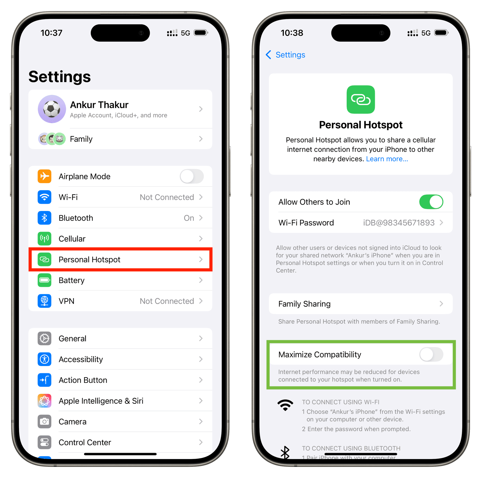 Maximize Compatibility turned off in iPhone Hotspot settings