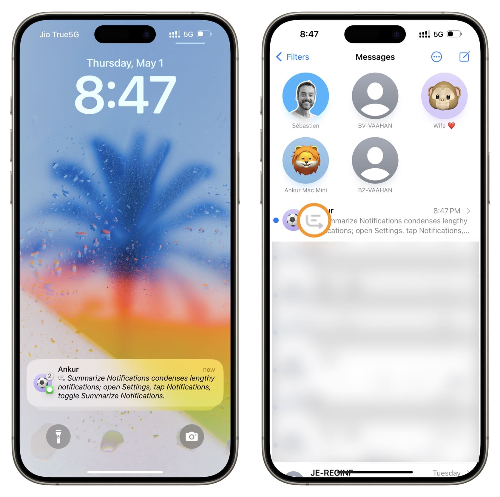 Message notifications summarized on iPhone Lock Screen an in app