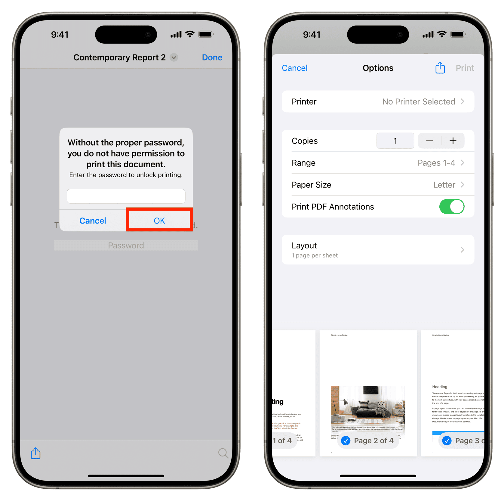 Printing password protected PDF on iPhone