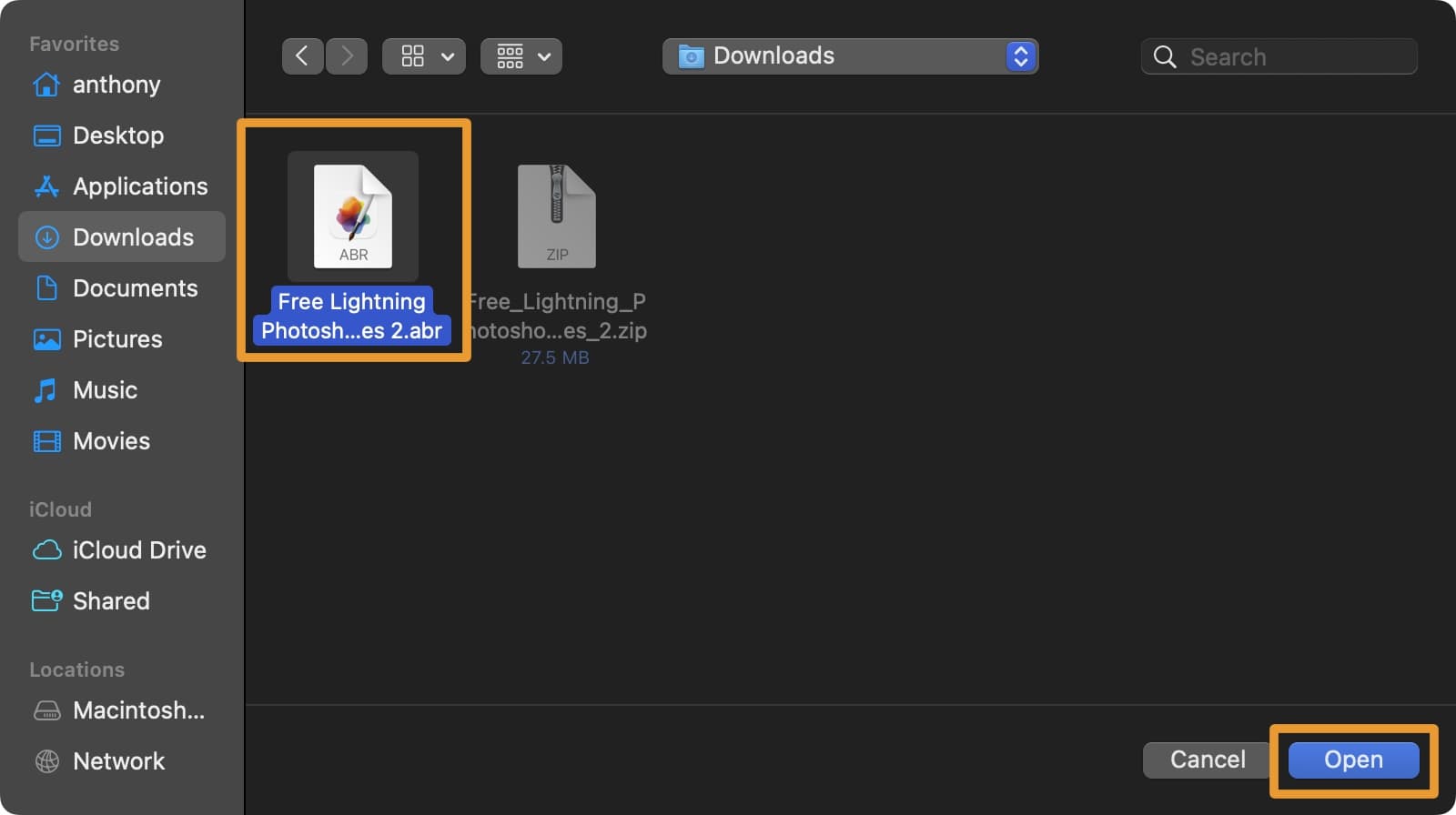 Select ABR file to import in Adobe Photoshop.