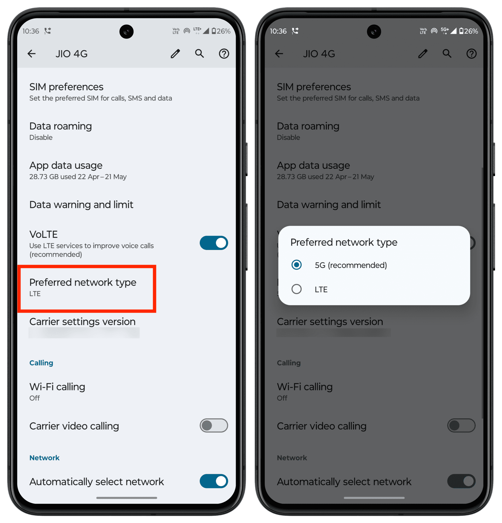 Selecting 5G in Android phone network settings