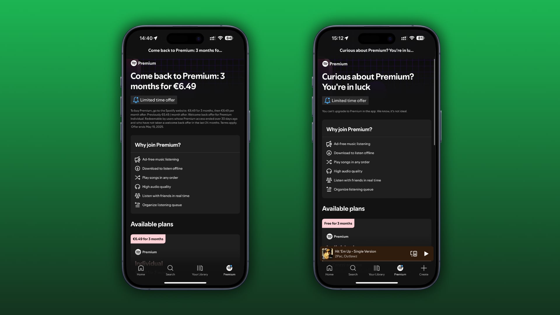 Two framed iPhone screenshots showcasing the difference in wording describing the cost of Premium subscriptions on the web.