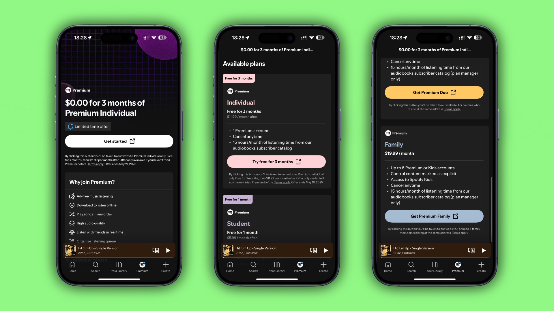 Three framed iPhone screenshots showcasing the Spotify app displaying clear pricing information along with external purchase links.