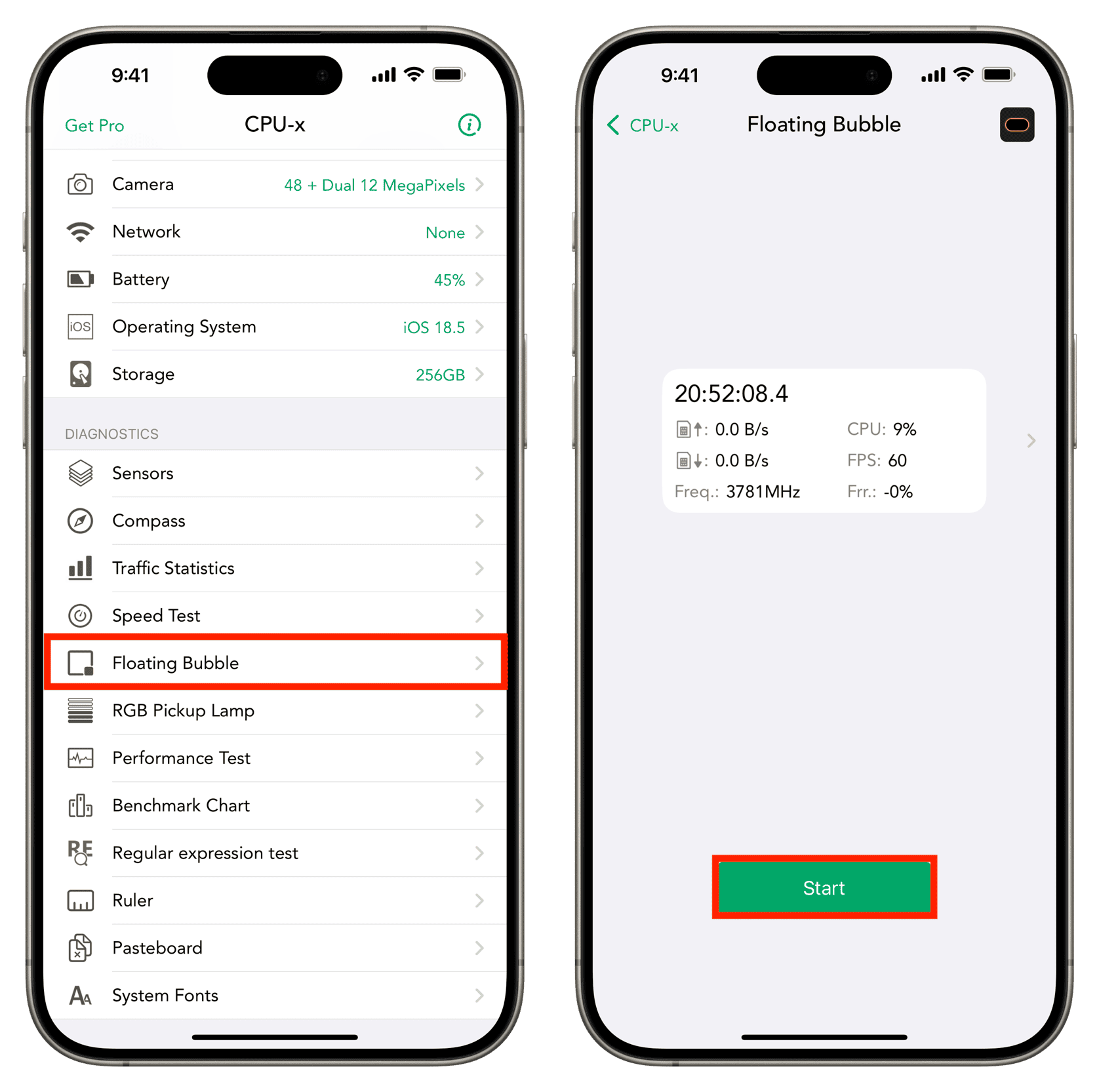 Start Floating Bubble in CPU X app on iPhone