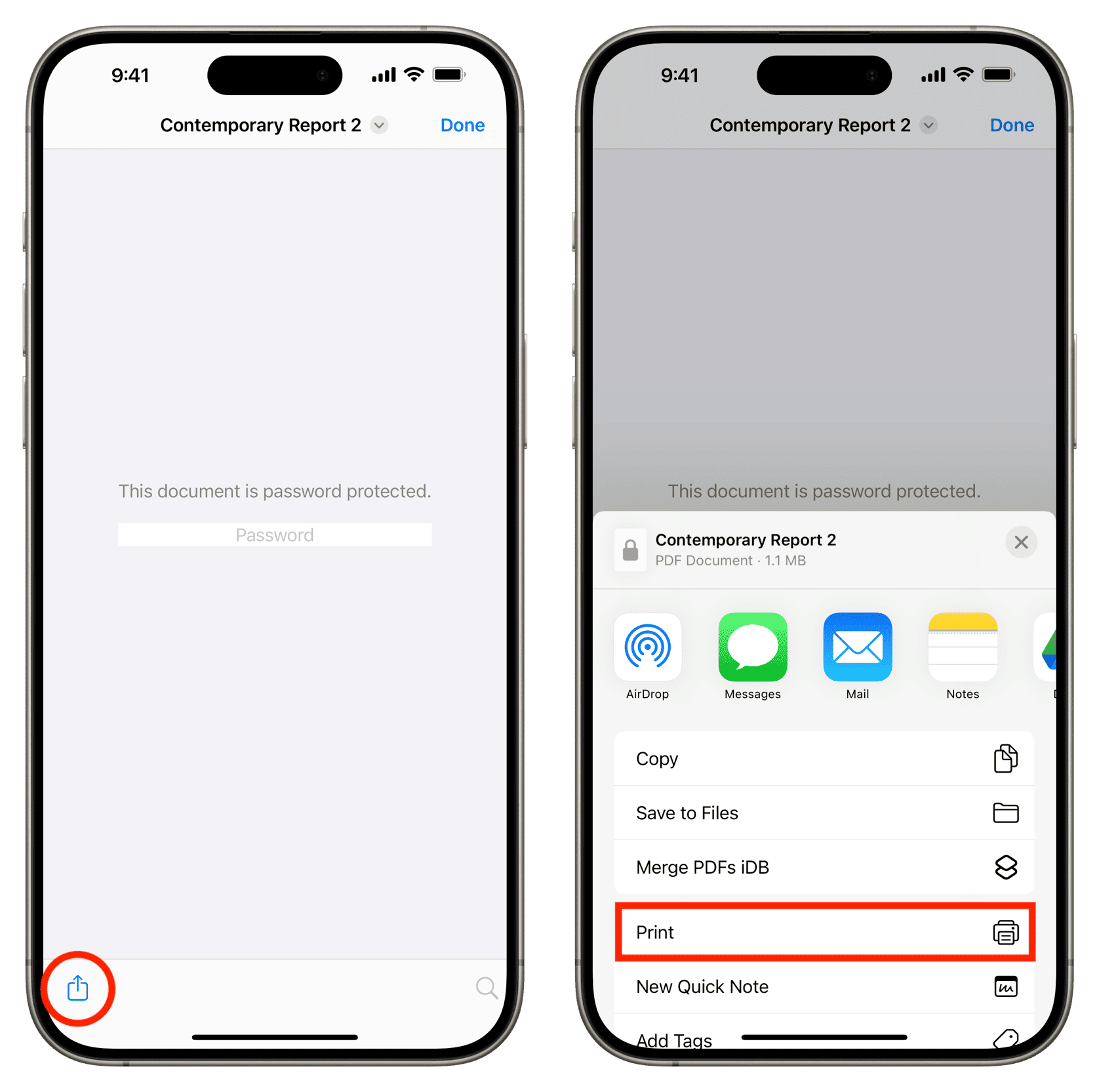 Tapping share for locked PDF and selecting Print