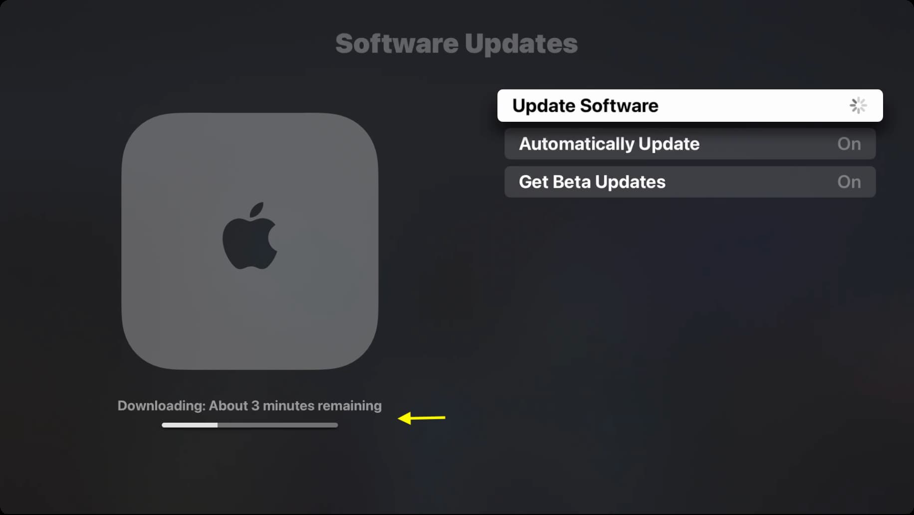 About 3 minutes remaining for tvOS to download