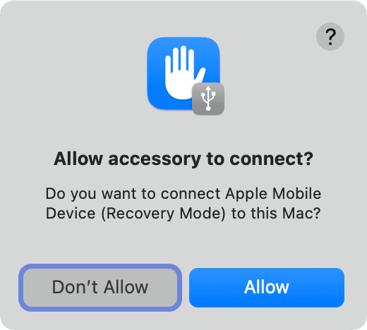 Allow accessory to connect popup for iPhone or iPad on Mac