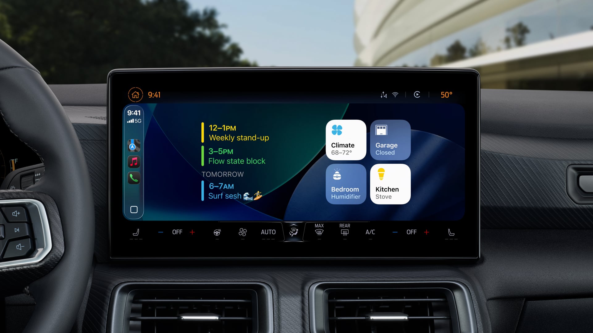 Vehicle interior with an infotainment display running CarPlay, which displays Calendar and Home widgets.