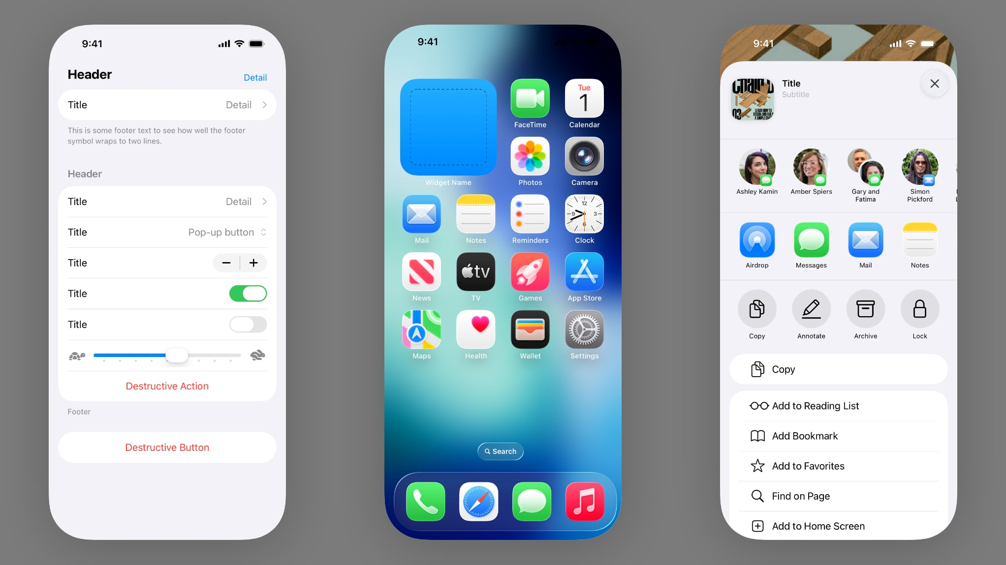 Three iPhone illustrations showcasing the iOS 26 design resources for Sketch.