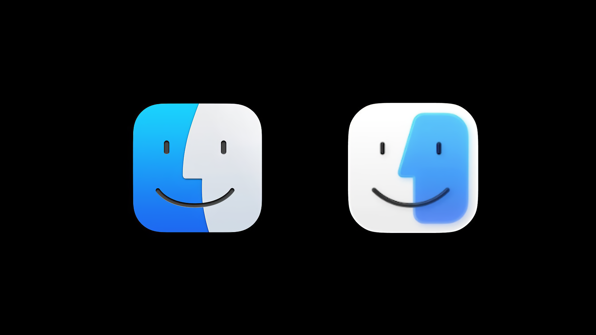Two macOS Finder icons side by side; on the left is the macOS Sequoia version and on the right is the updated icon on macOS Tahoe.