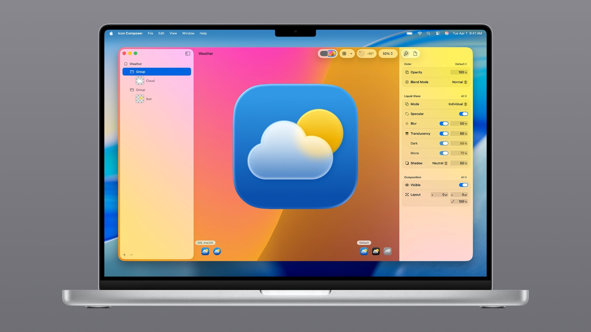 Apple's Icon Composer app on a MacBook showing editing a Liquid Glass icon.