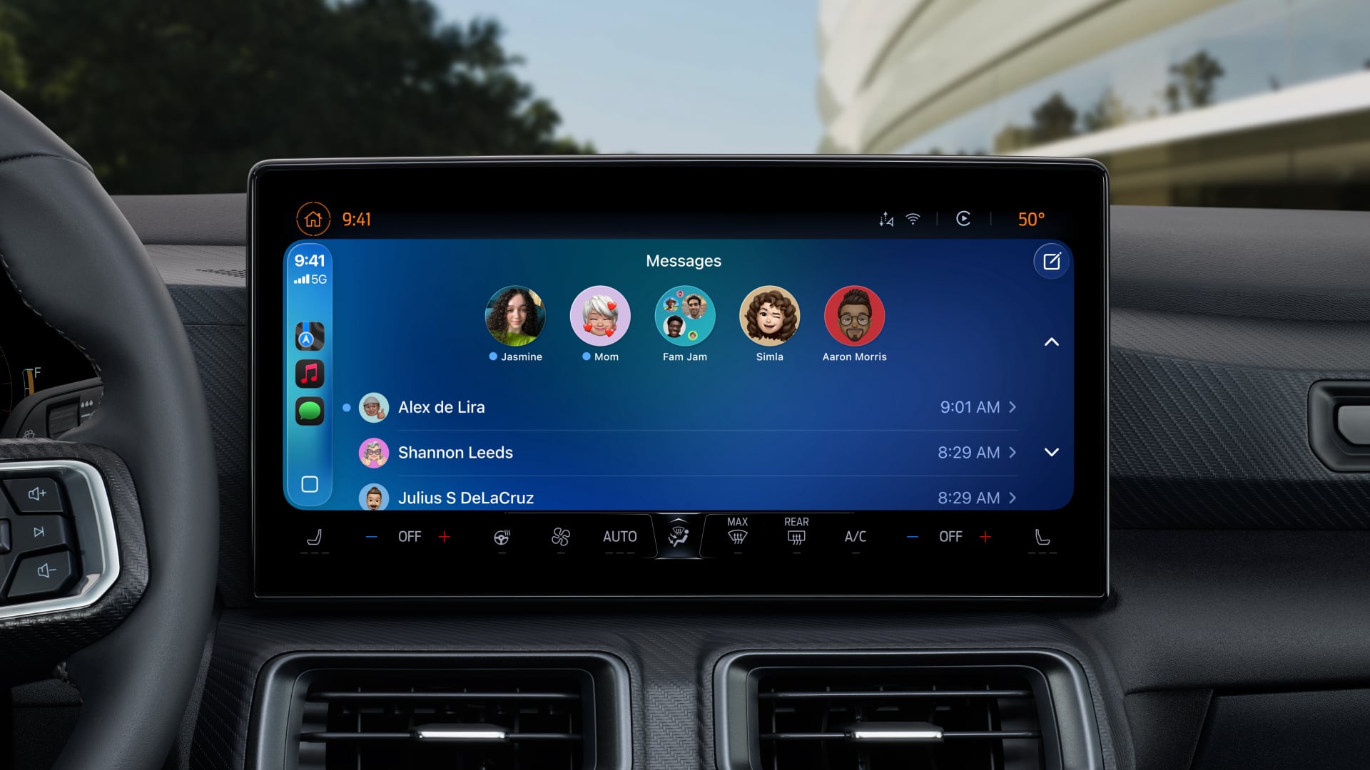 A car interior with a central screen showcasing Apple CarPlay interface with pinned conversations in the Messages app.