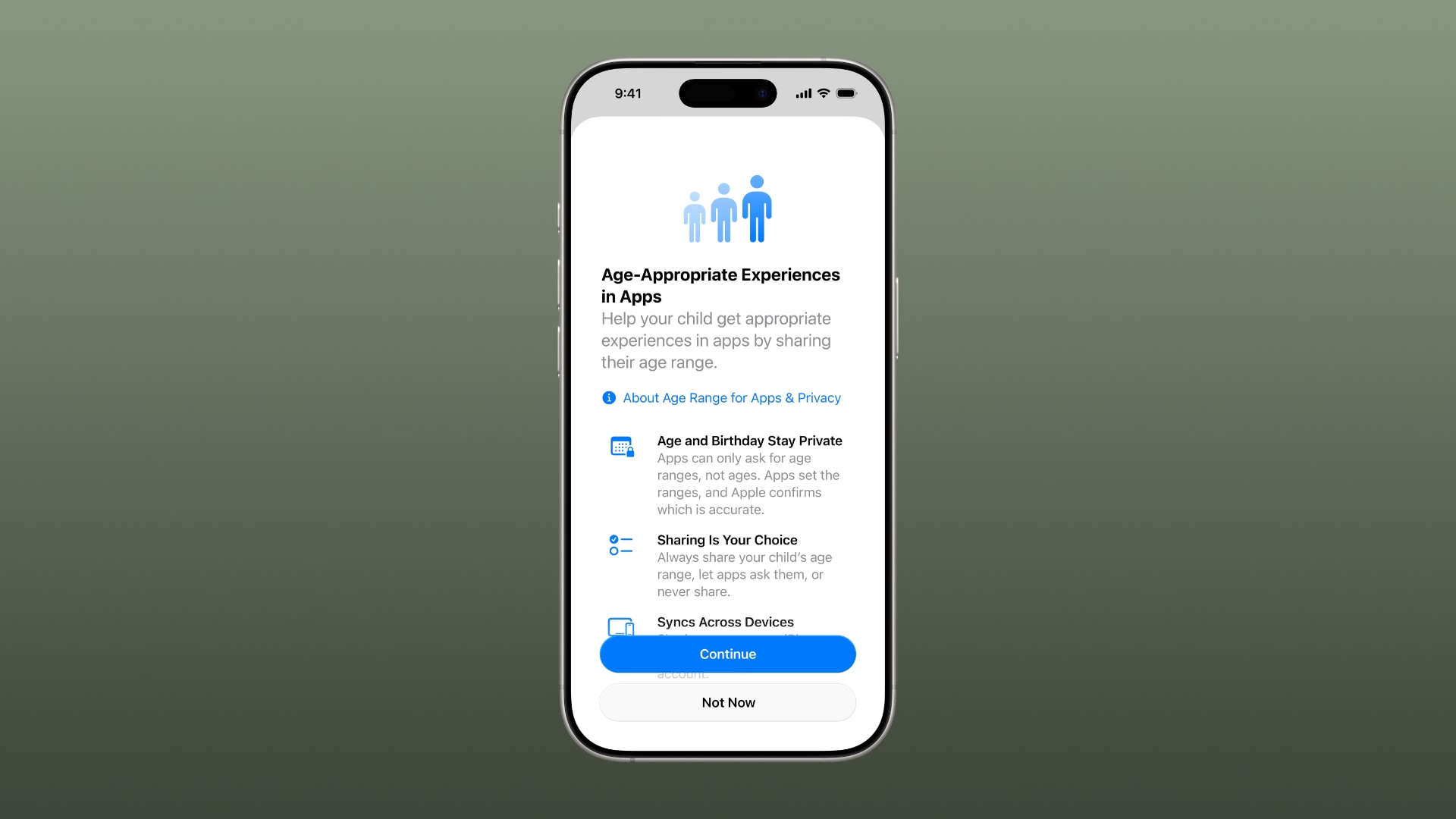 Framed iPhone screenshot displaying an explainer screen when sharing a child's age rating information with an app.