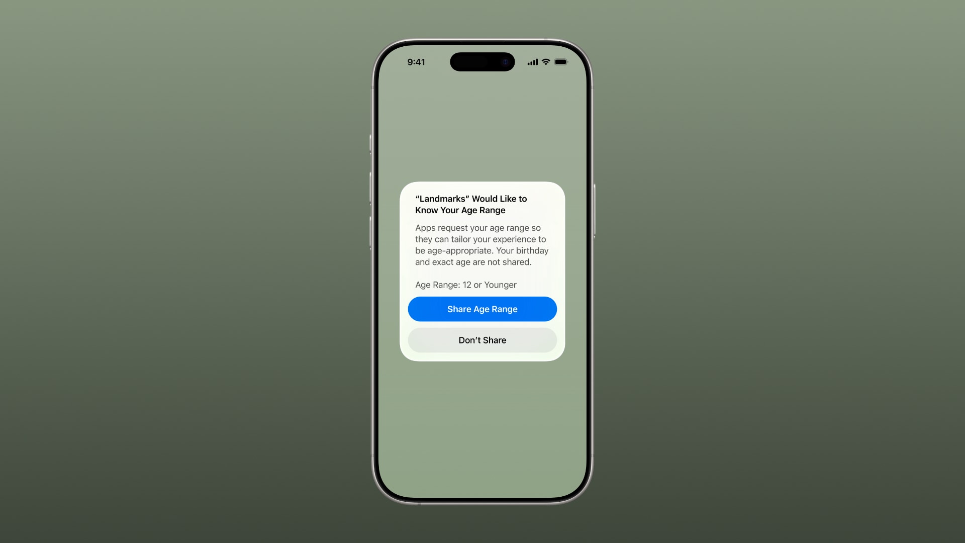 Framed iPhone screenshot displaying permission prompt when sharing age range information for a child account with a compatible third-party app.