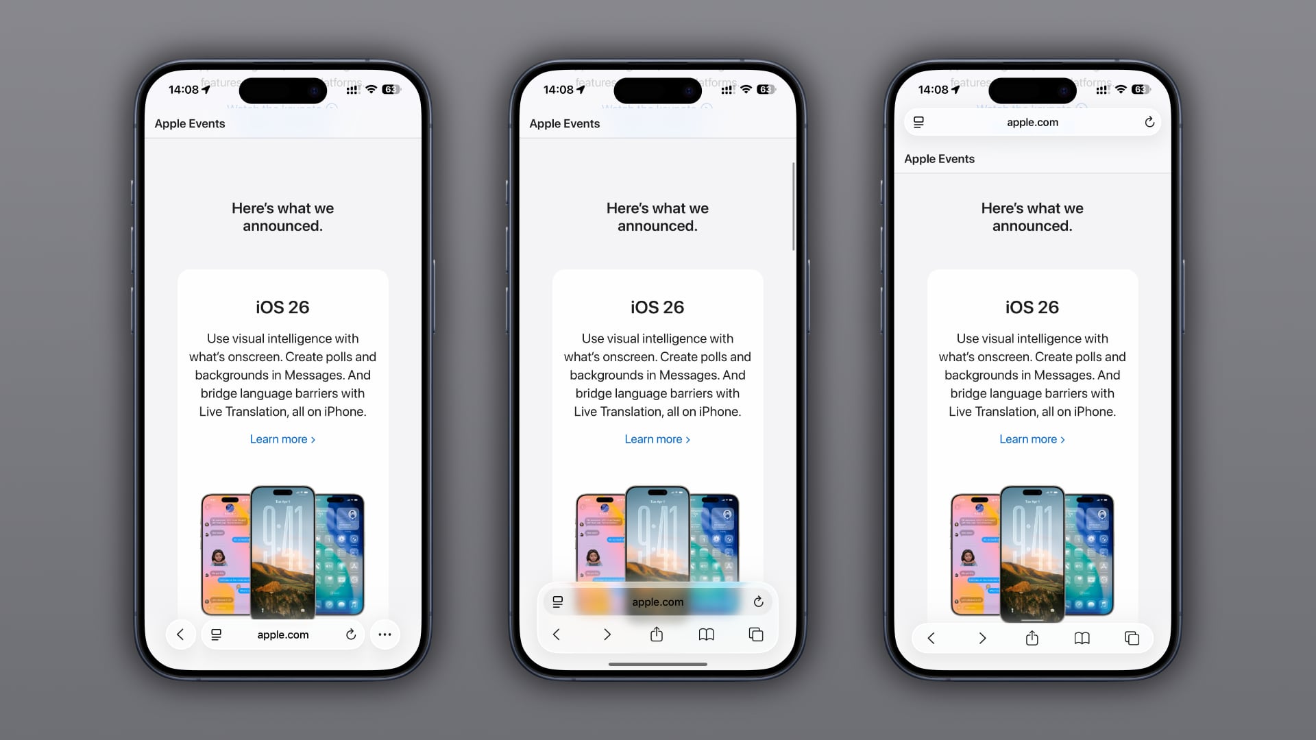 Three framed iPhone screenshots showing Safari's top, bottom and compact tab bar designs.