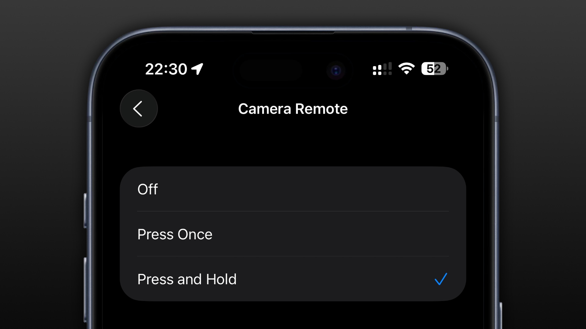 AirPods camera control setting on iPhone, with the Press and Hold option selected.