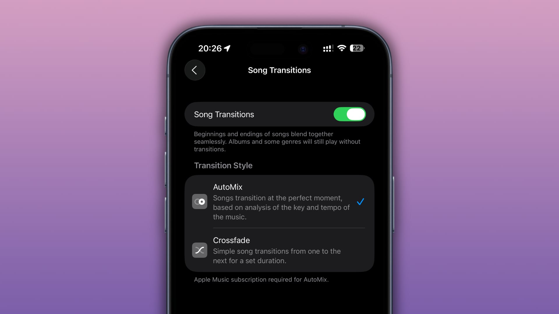 iPhone displaying the song transition options in the Music app settings, with the AutoMix option selected.