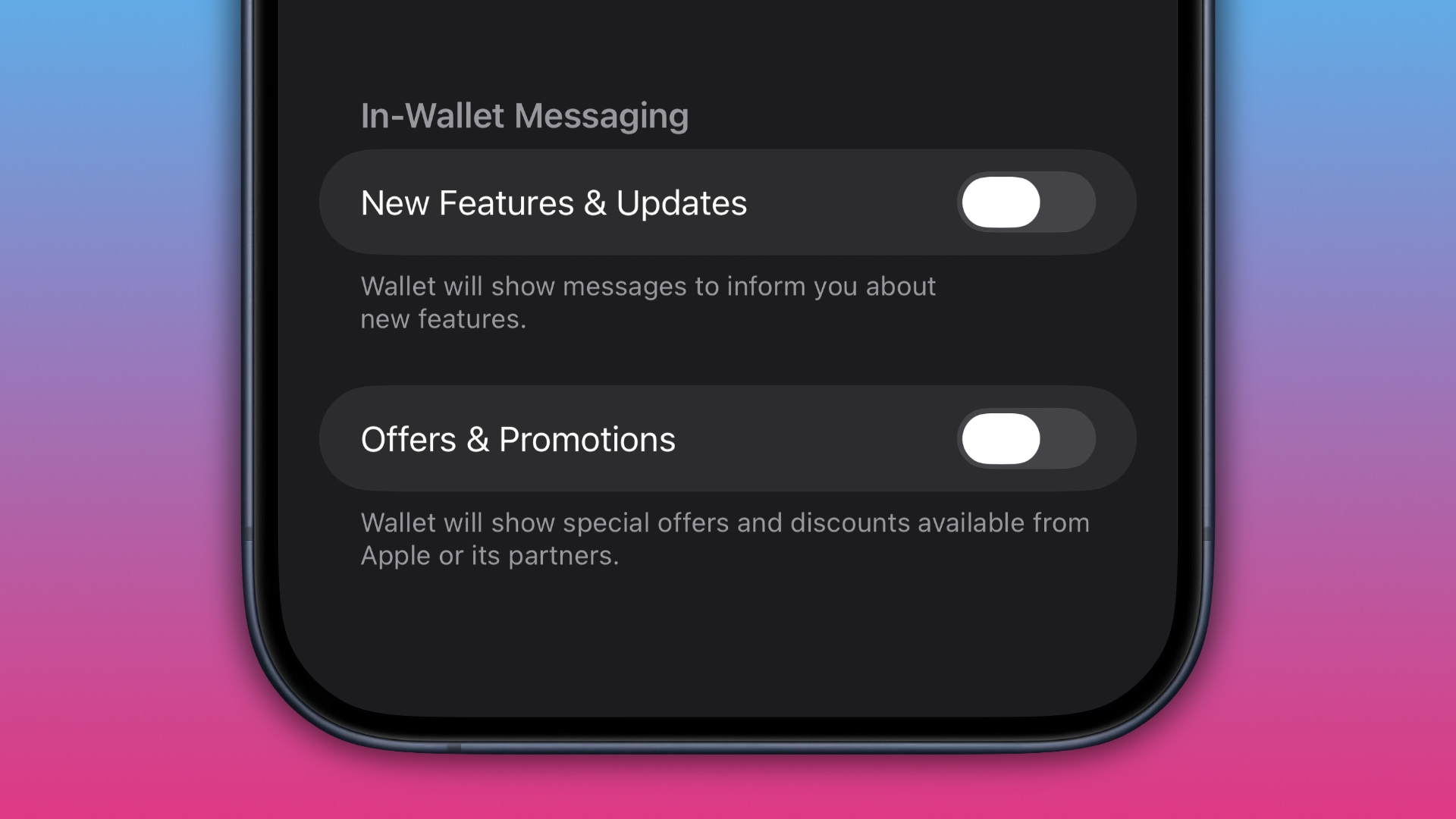 In-app notification settings in Apple Wallet on iPhone with alerts turned off for offers and promotions, as well as new features and updates.