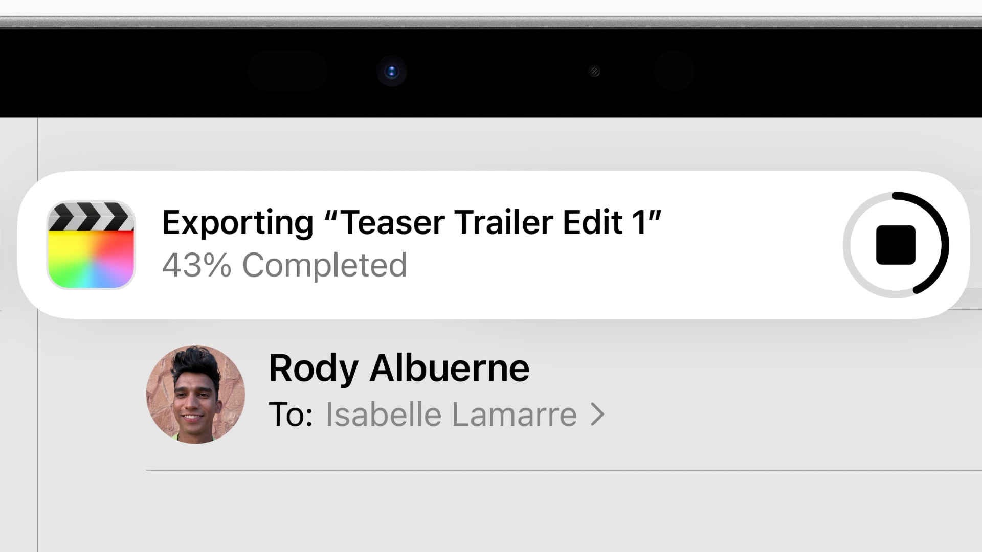 Closeup of a notification banner on an iPad providing progress indicator for a Final Cut Pro export.