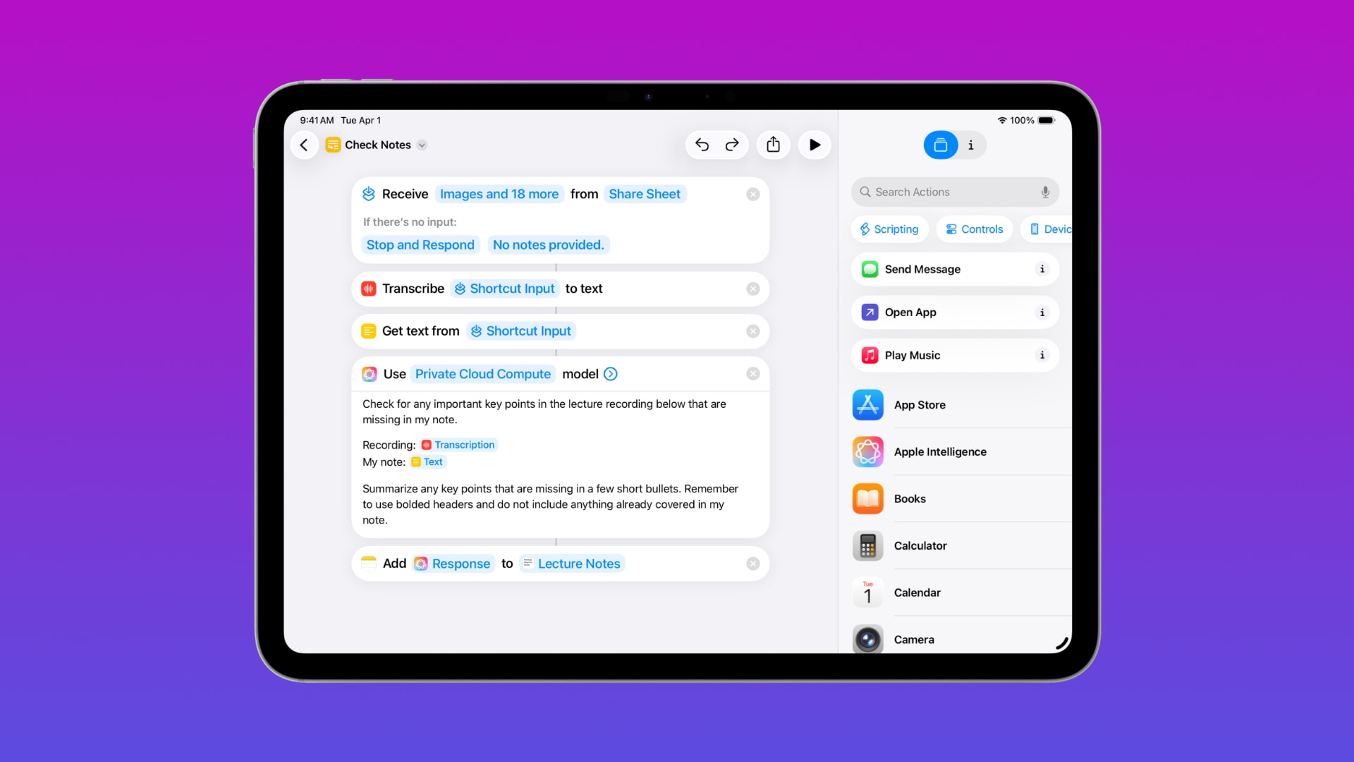 iPad displaying an automation in the Shortcuts app that makes use of an Apple Intelligence model.