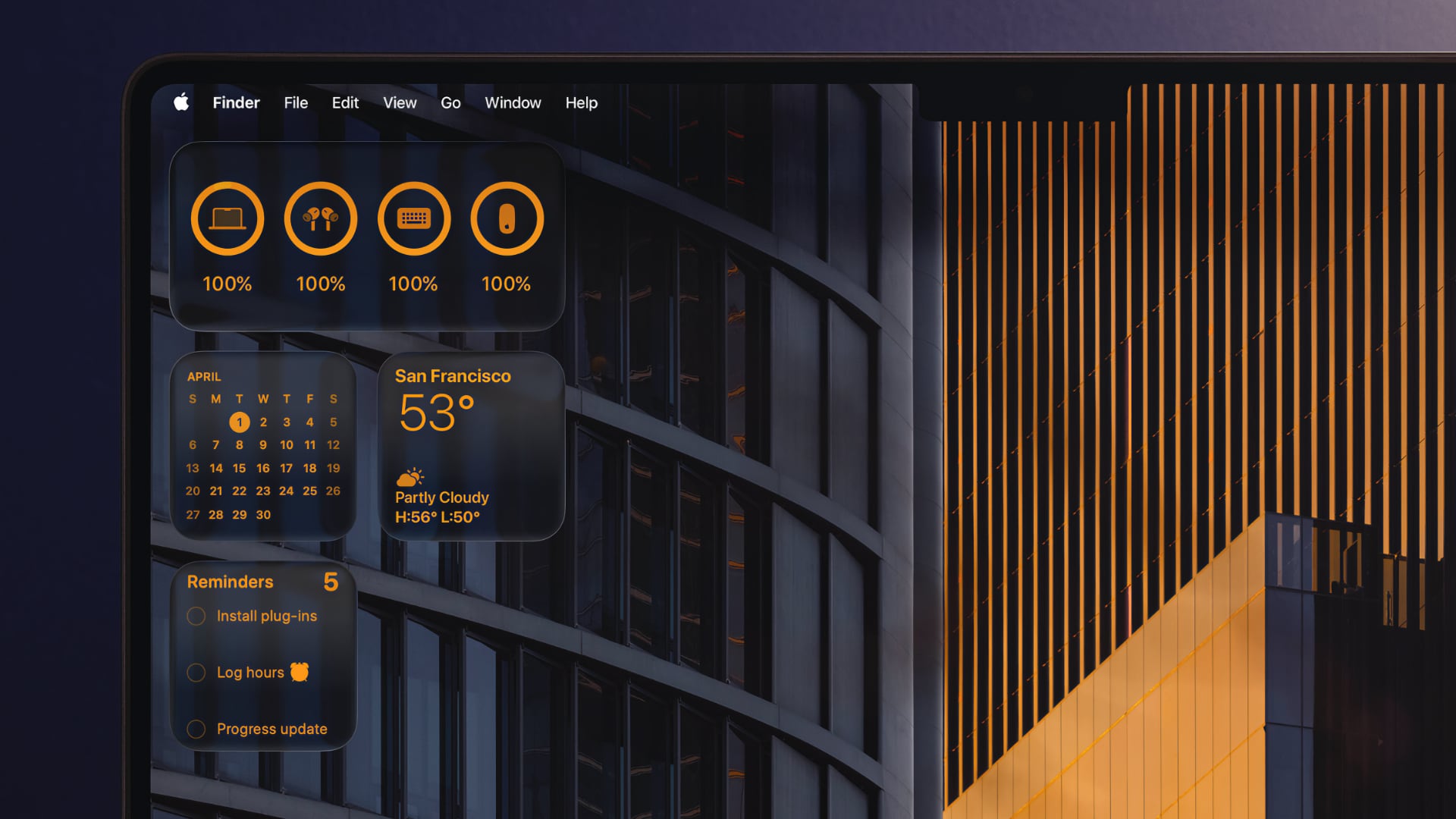 Closeup of a MacBook display showcasing orange-tinted icons and widgets.