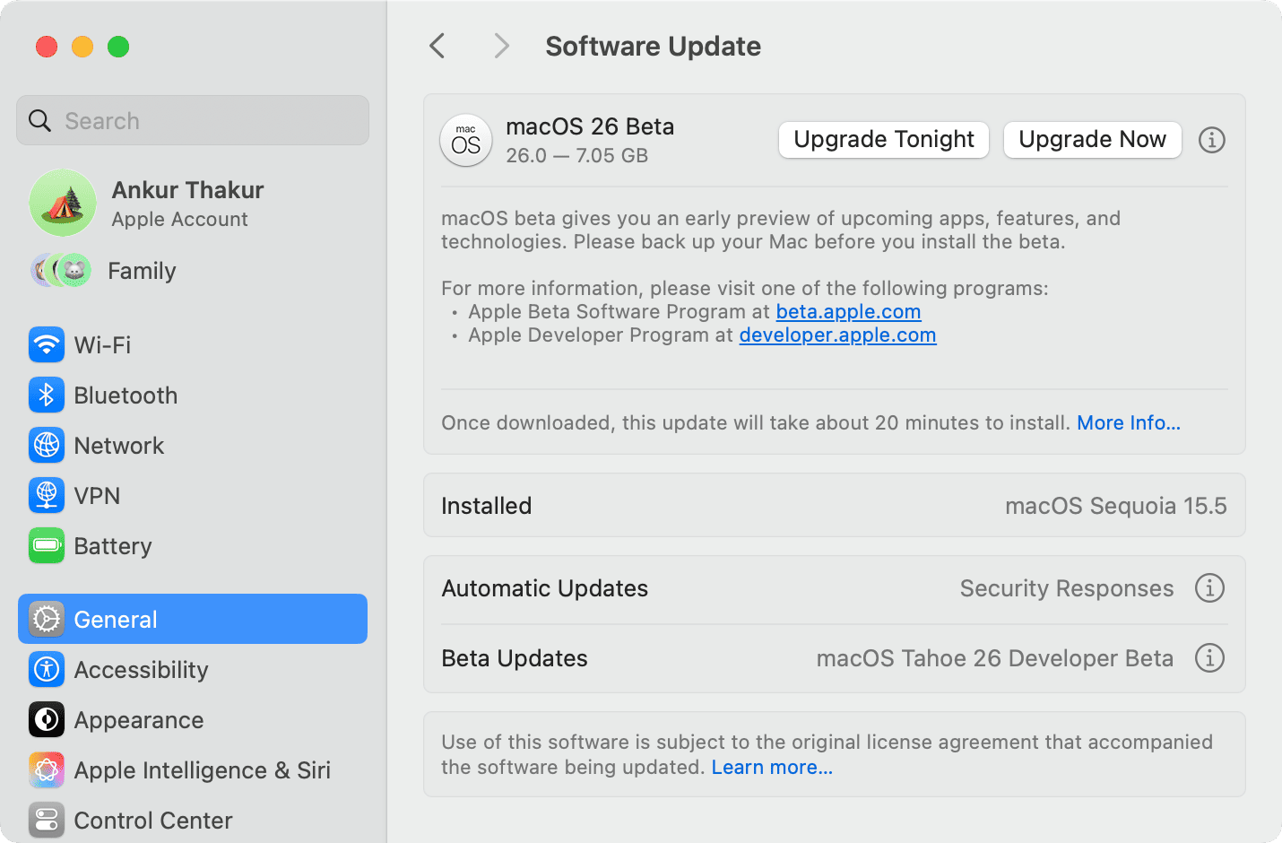 Downloading macOS 26 Beta from System Settings