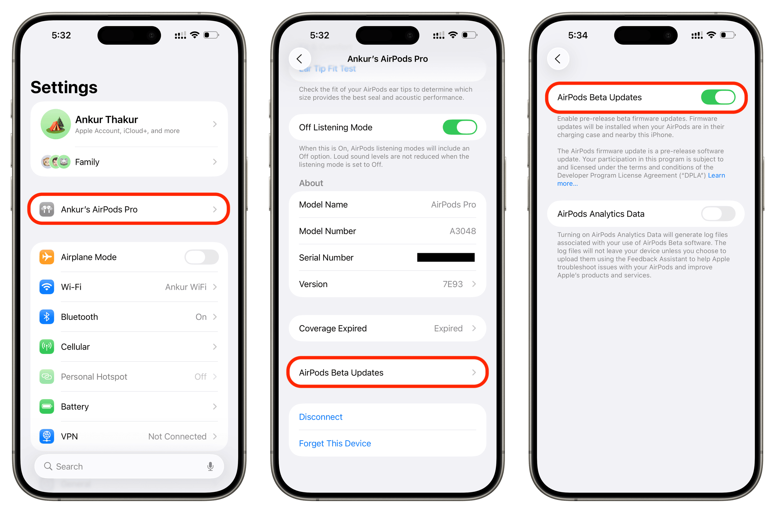 Enabling AirPods beta updates on iPhone