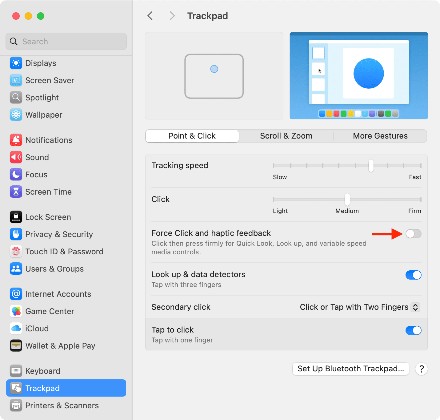 Force Click and haptic feedback turned off in Mac trackpad settings