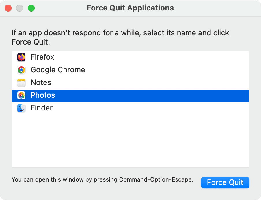 Force quit Photos app on Mac