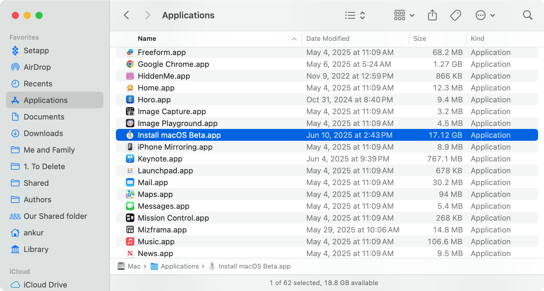 Install macOS Beta app in Finder Applications folder