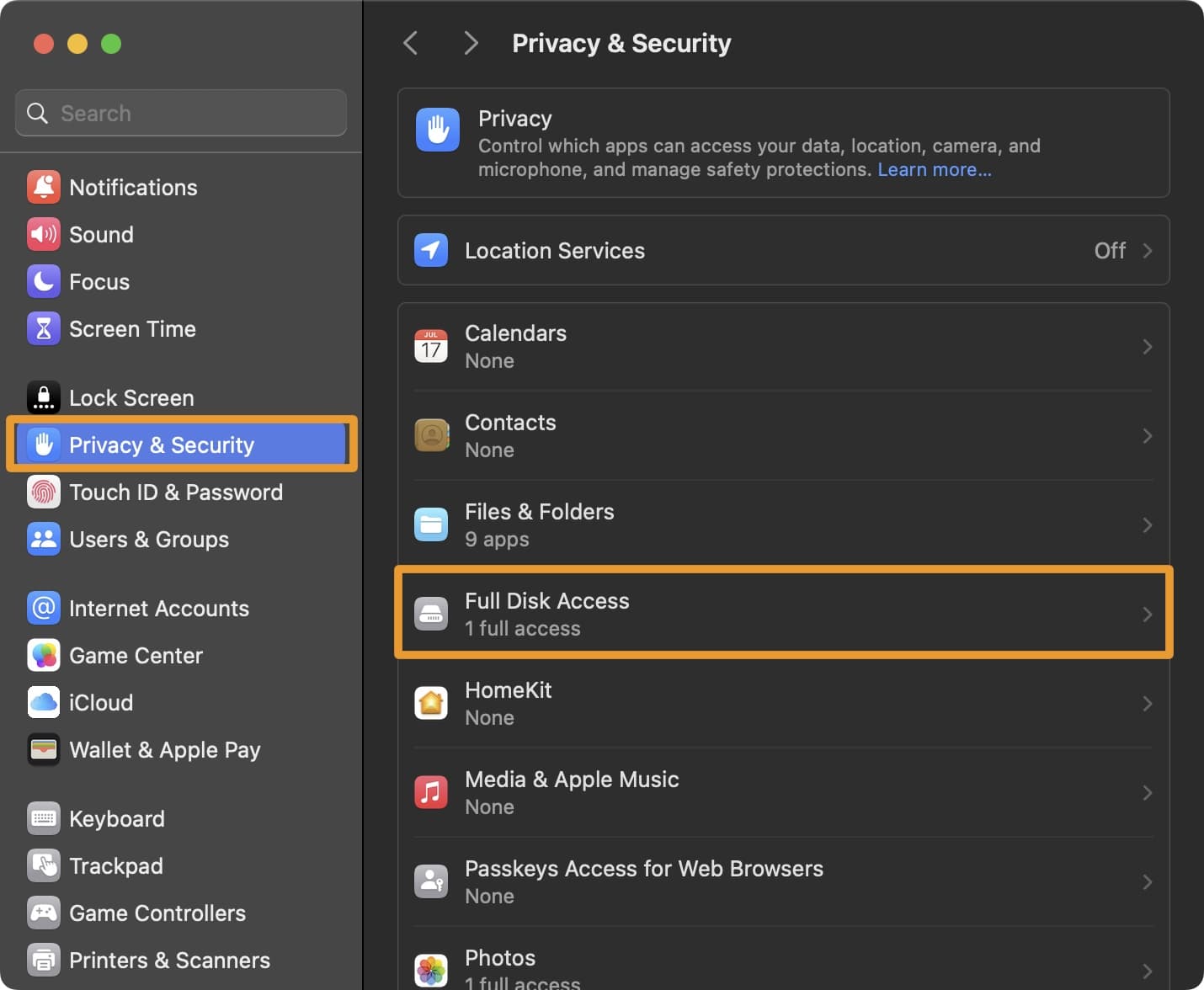Privacy and Security Full Disk Access.