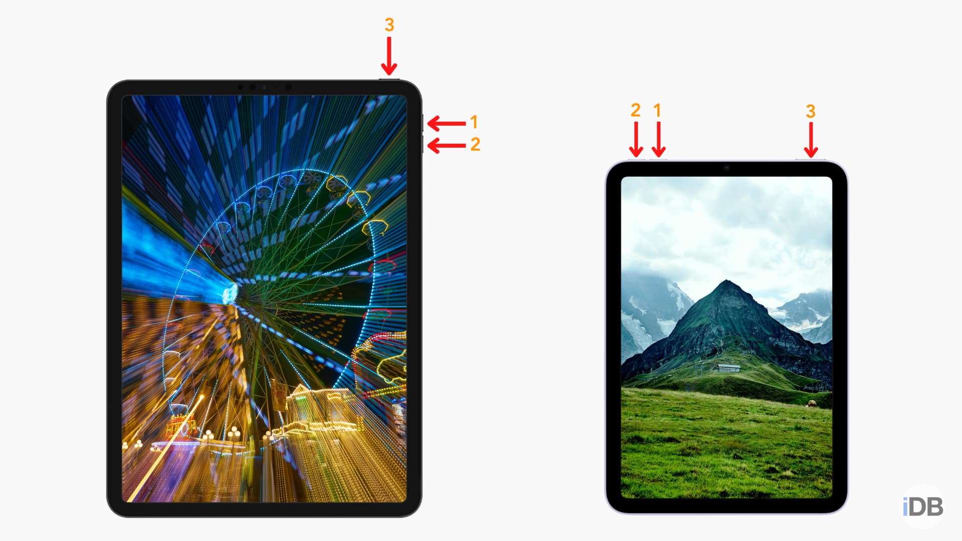Mockups of iPad Pro and iPad mini with arrows showing which buttons to press in the correct order to put the iPad in recovery mode