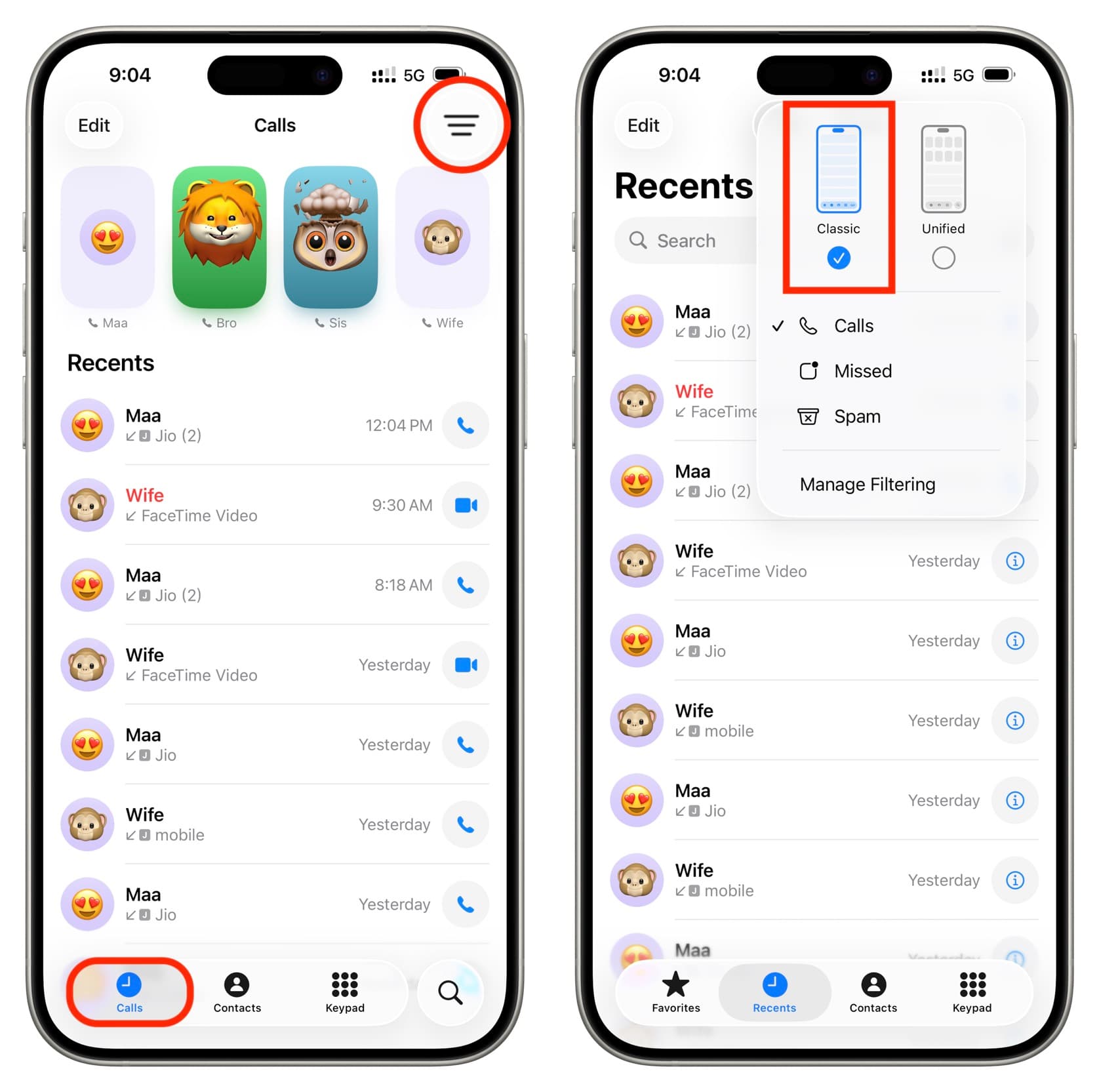 Switching to Classic layout in iOS 26 Phone app
