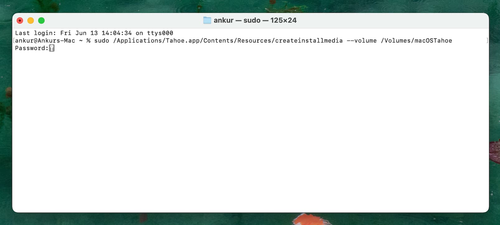 Typing Mac password when creating USB bootable installer for macOS 26