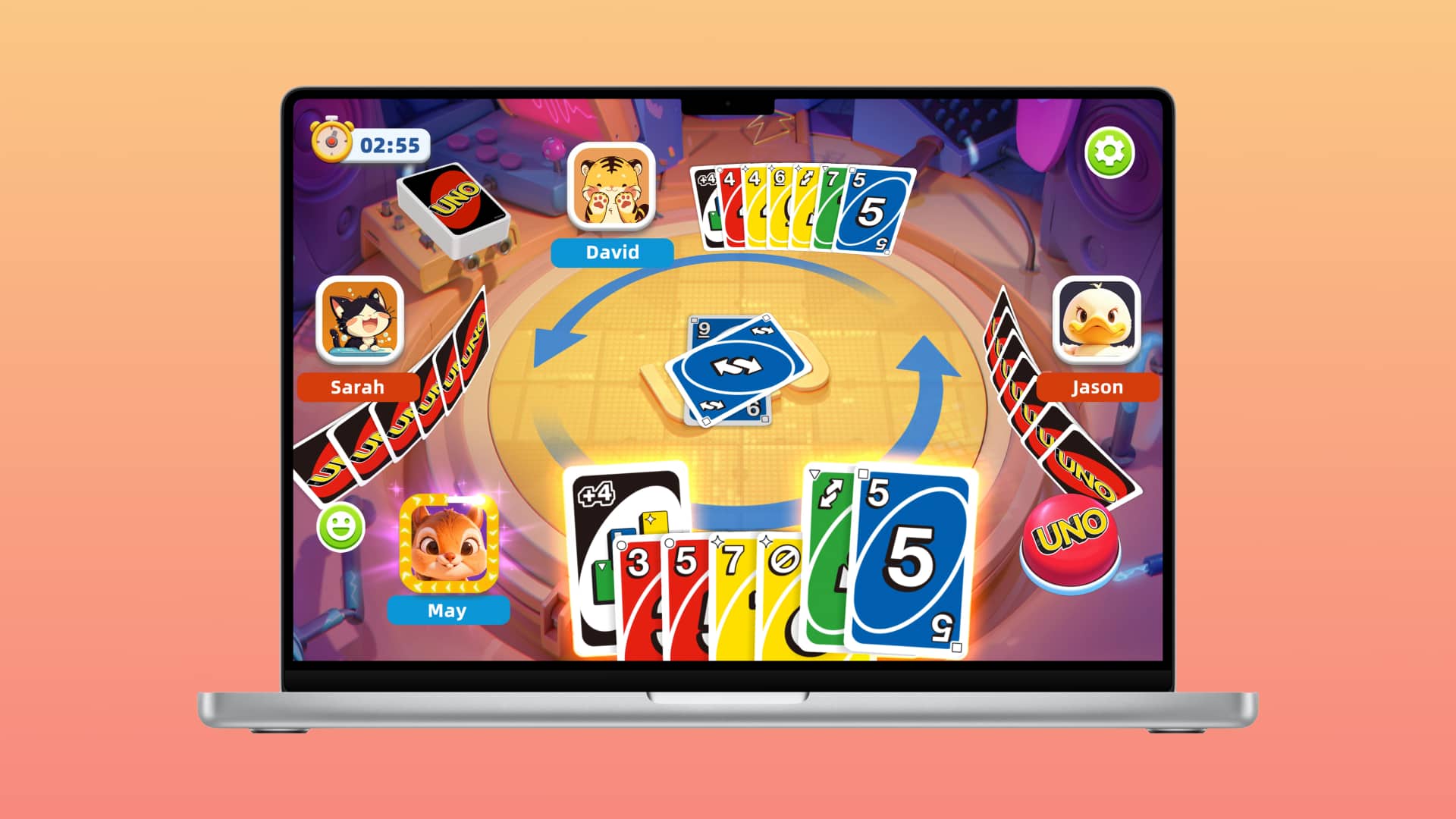 MacBook Pro running the UNO card game.