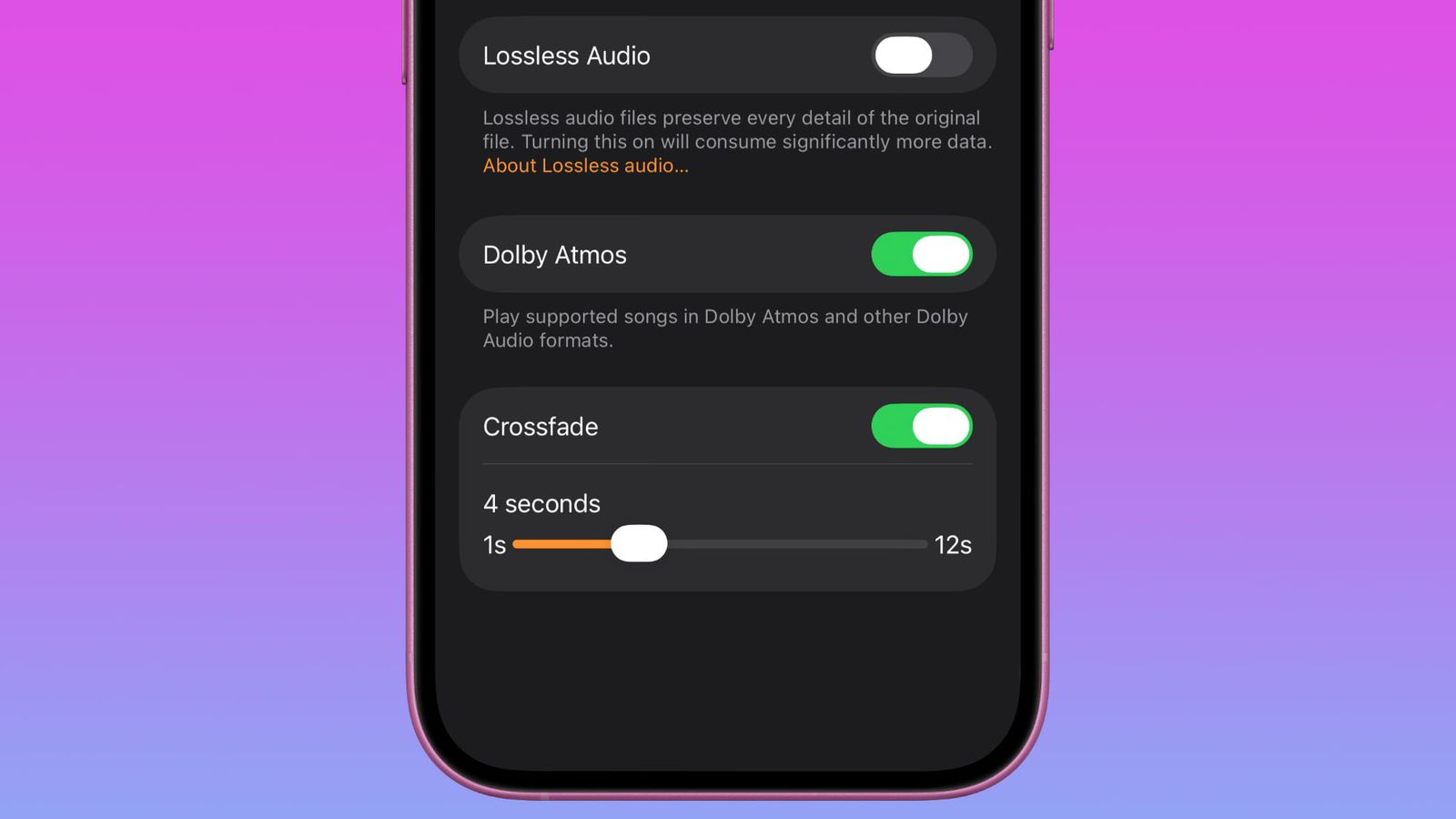 iPhone displaying the crossfade option for a HomePod speaker.