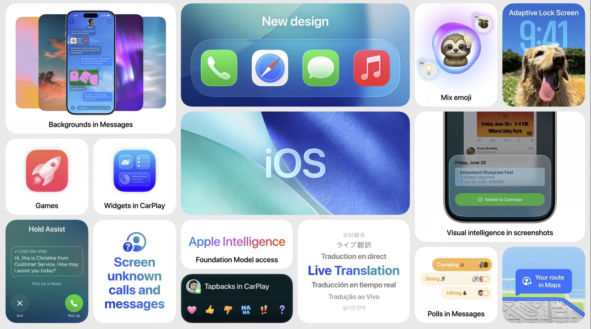 Slide comprising boxes showcasing the key new iPhone features available with iOS 26.