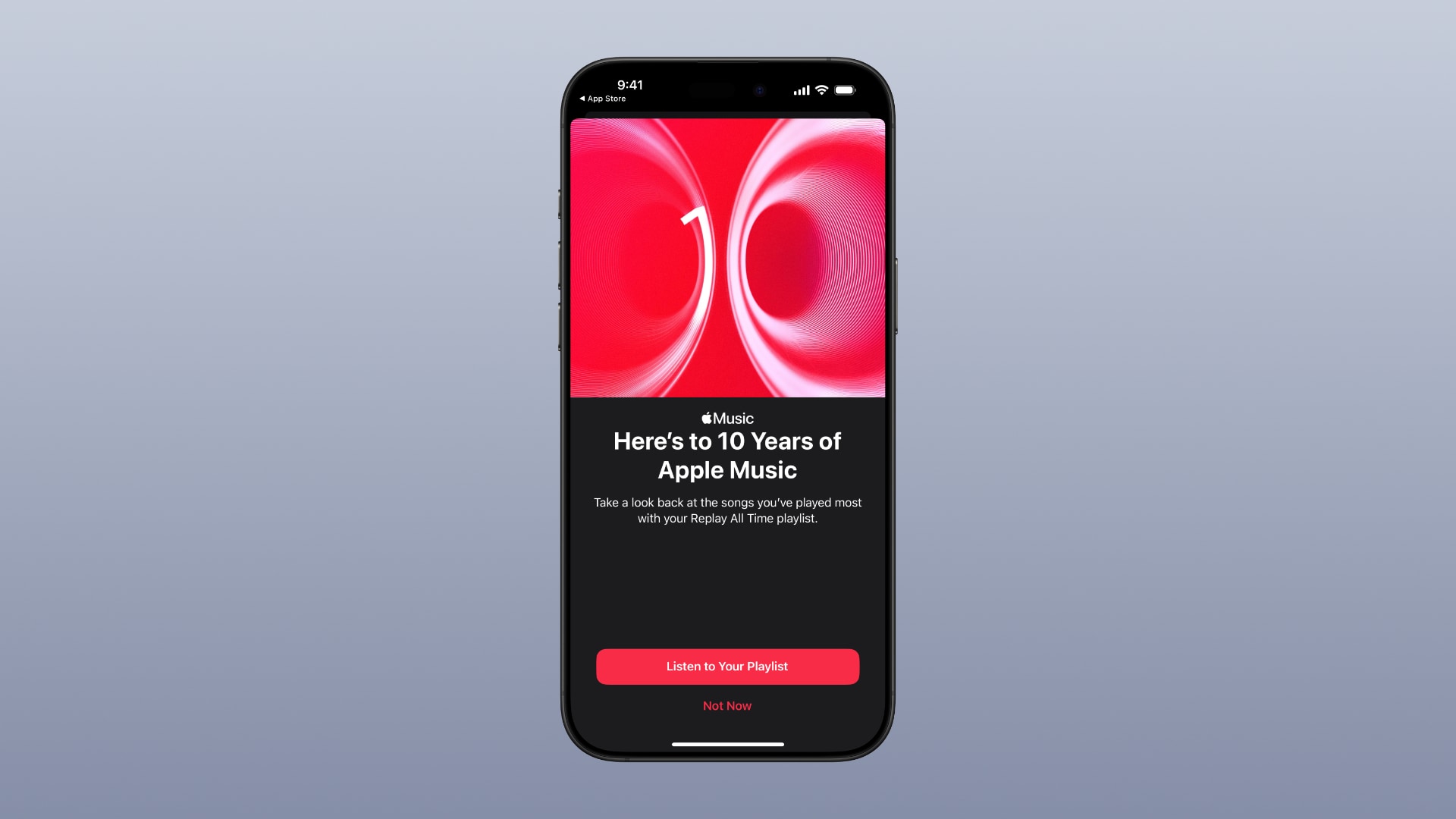 iPhone showing a banner in the Music app announced 10 years of Apple Music.