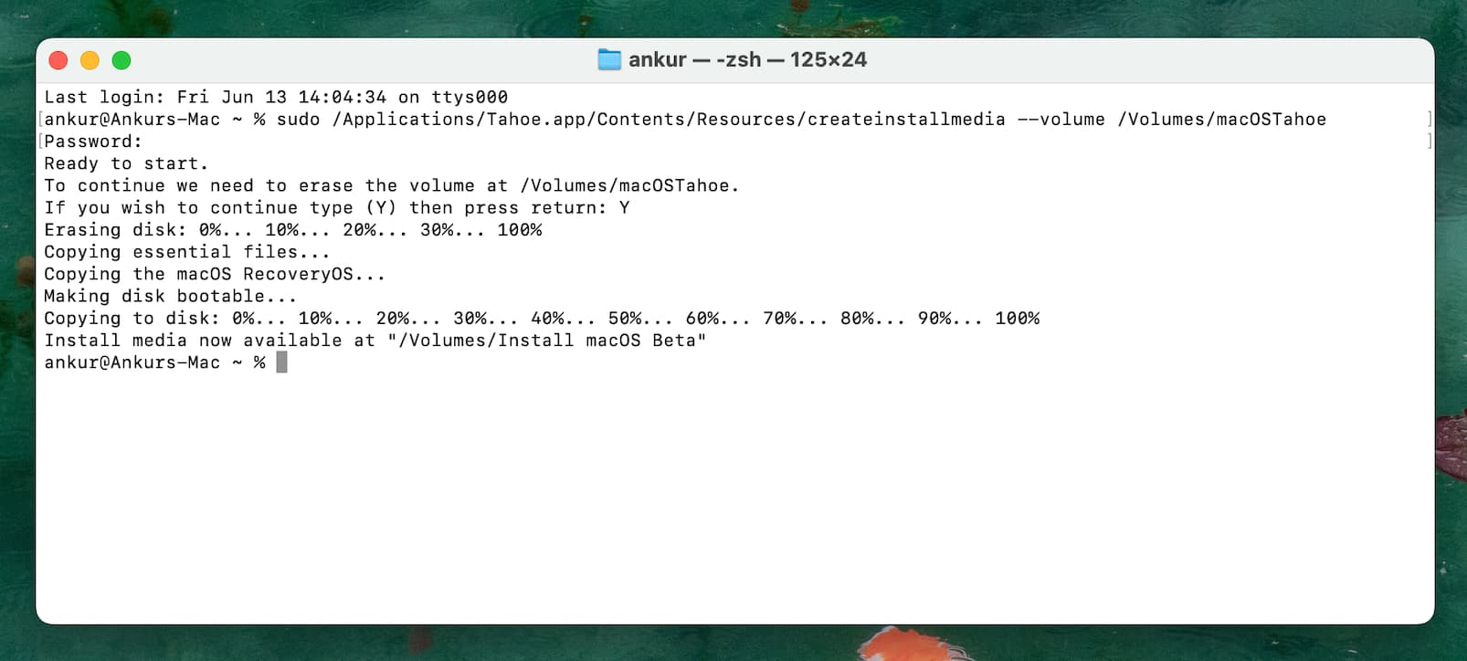 macOS Tahoe 26 bootable installer created successfully using Terminal