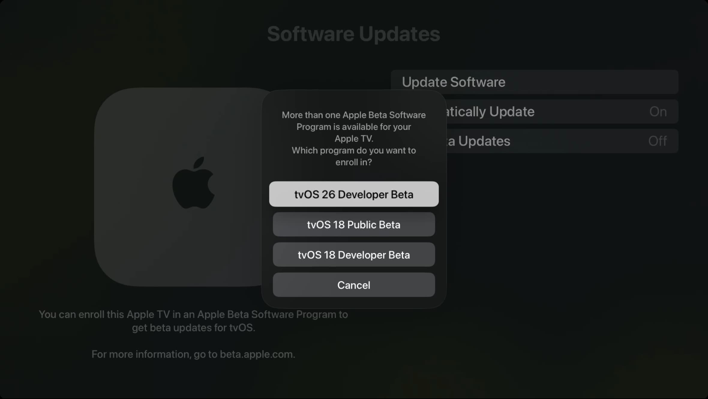 tvOS 26 Developer Beta popup on Apple TV